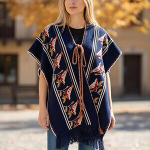Vintage Blanket Knit Vest Fringed Tie Front Southwestern OOAK Poncho Blue Fringe
